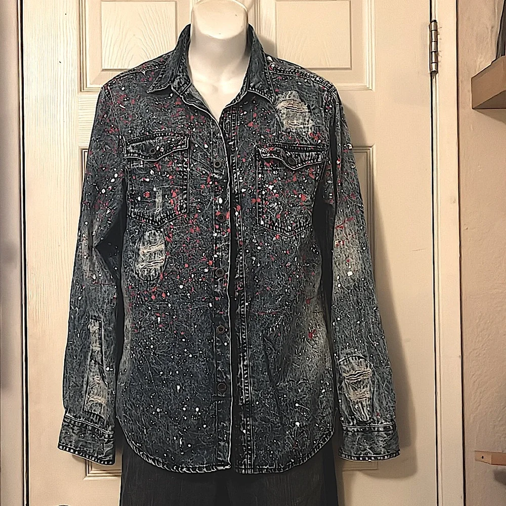 Carbon Distressed Blue Denim Mens Long Sleeve Button Down Paint Splatter Shirt